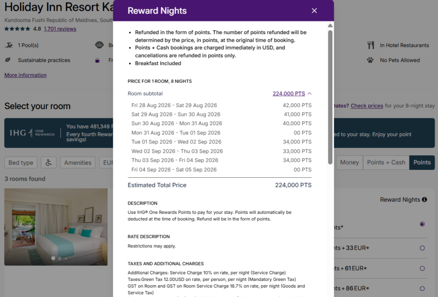 Screenshot showing booking award stay at Holiday Inn Resort Kandooma Maldives for 8 nights for 224,000 IHG One Rewards points