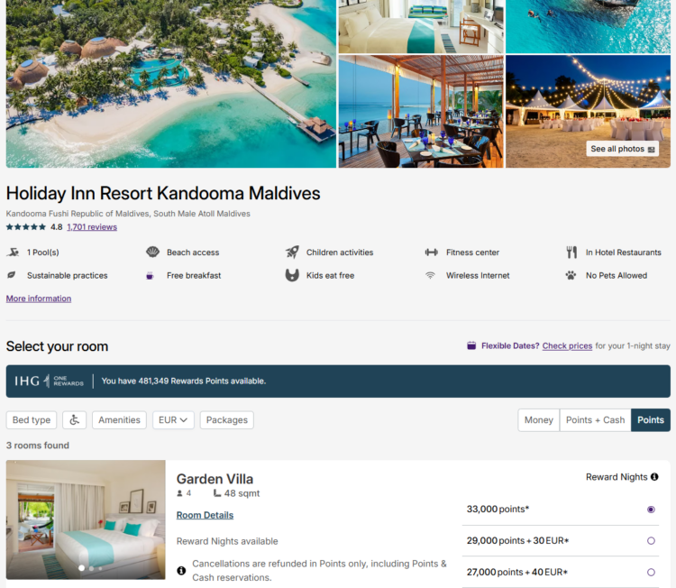 Award pricing at Holiday Inn Resort Kandooma Maldives