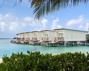 looking over bushes toward overwater bungalows at a Maldives resort
