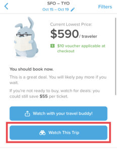 Hopper flight price tracker screenshot with "watch this trip" option