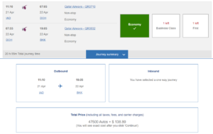 British Airways award example in Qatar economy class from Washington DC to Bangkok