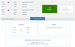 British Airways award example in Qatar economy class from Washington DC to Manila