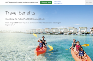 Chase travel benefits page for the IHG® Rewards Premier Business Credit Card showing kayakers in front of the Holiday Inn Resort Kandooma
