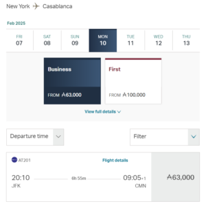 Screenshot showing Asia Miles award search results from New York to Marrakesh for 63,000 Asia Miles in business class