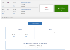 British Airways award example in Qatar business class from Los Angeles to Seoul