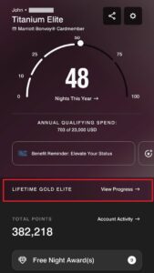 Screenshot of Marriot Bonvoy app with lifetime elite status link boxed