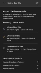 Screenshot of Marriot Bonvoy lifetime elite status number of years earned