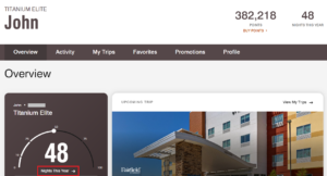 Screenshot of Marriott account details page with option to see elite night credit detail boxed
