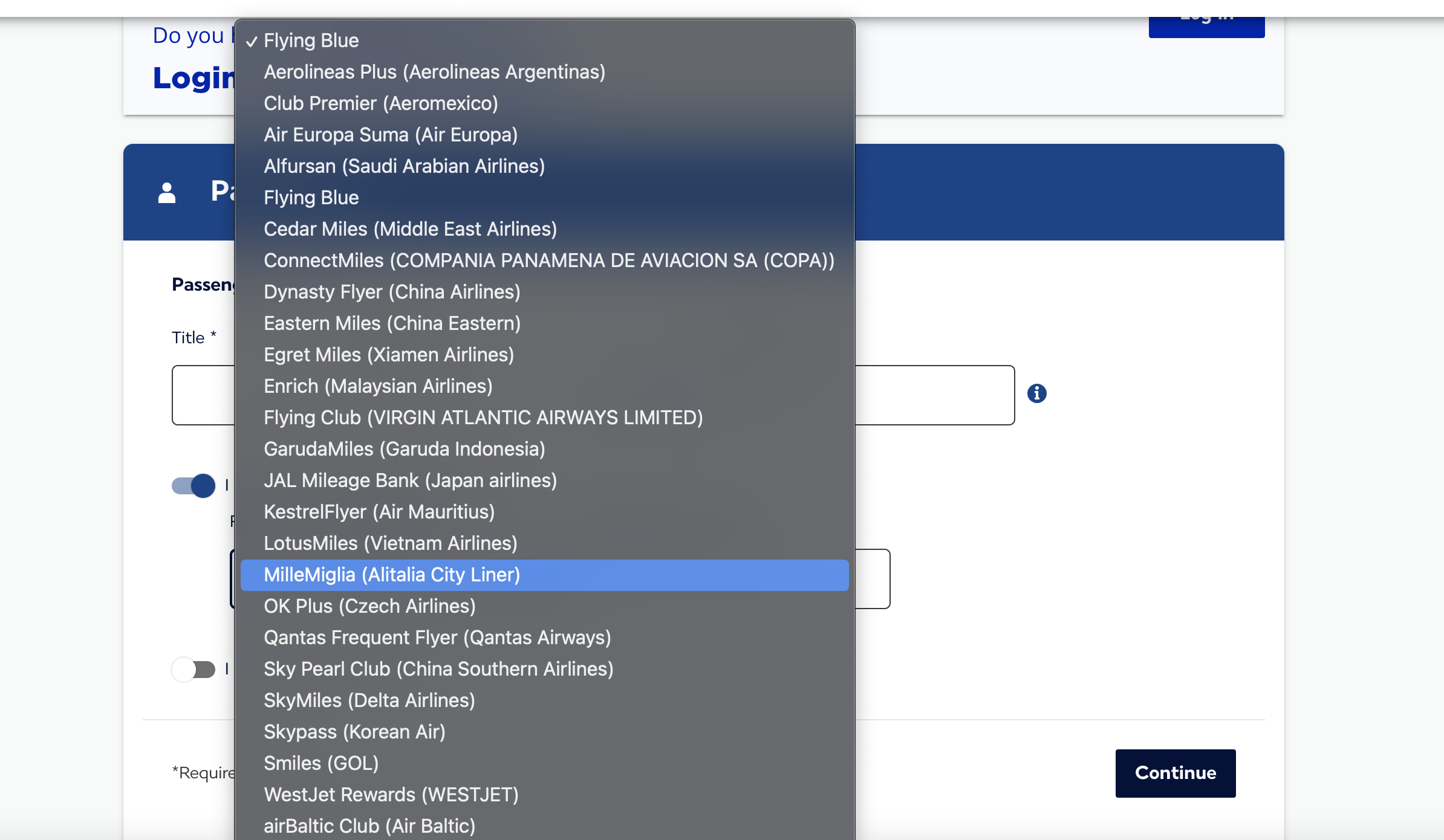 A drop down menu on the Air France website showing all eligible partner frequent flyer programs.