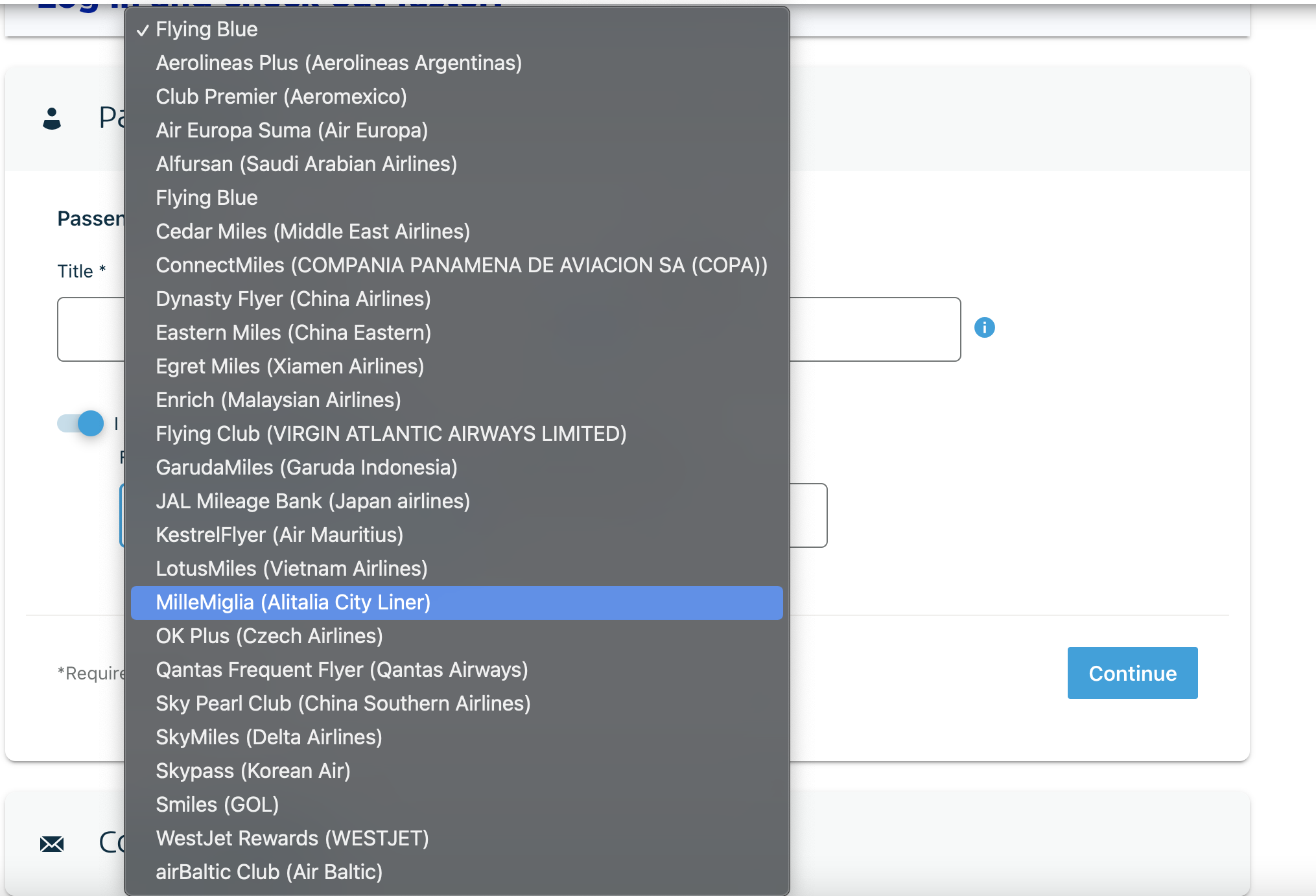 A drop down menu on the KLM website showing all eligible partner frequent flyer programs.