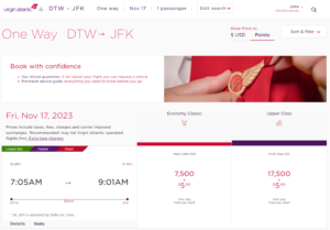 Screenshot showing Virgin Atlantic award search results from Detroit to New York Kennedy