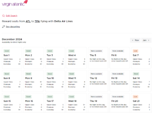 Virgin Atlantic Flying Club reward seat calendar from Atlanta to Tampa in December 2024