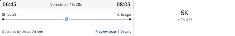 Aeroplan award pricing for United flight STL-ORD