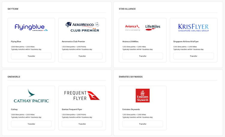 Brex airline transfer partners and their current transfer ratios