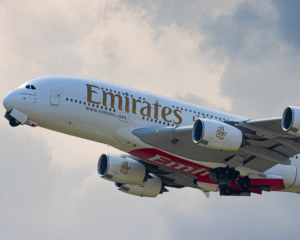 an Emirates A380 taking off