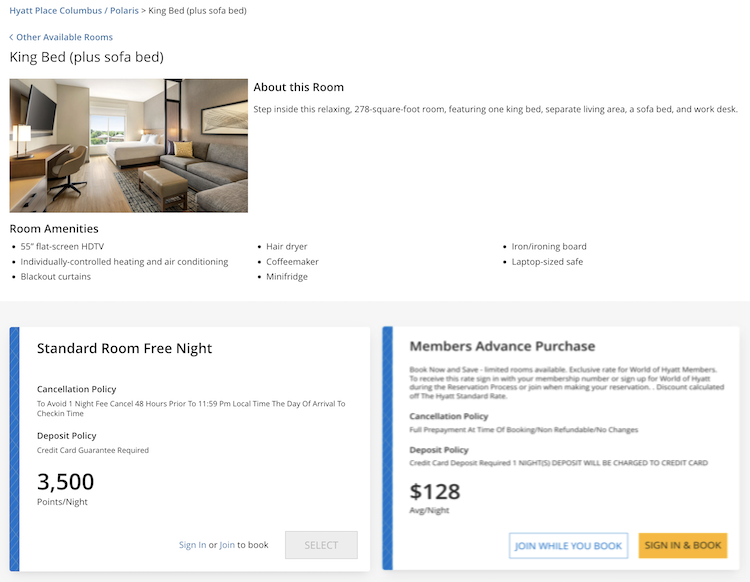 screenshot comparing cash and points pricing at a Hyatt category 1 property