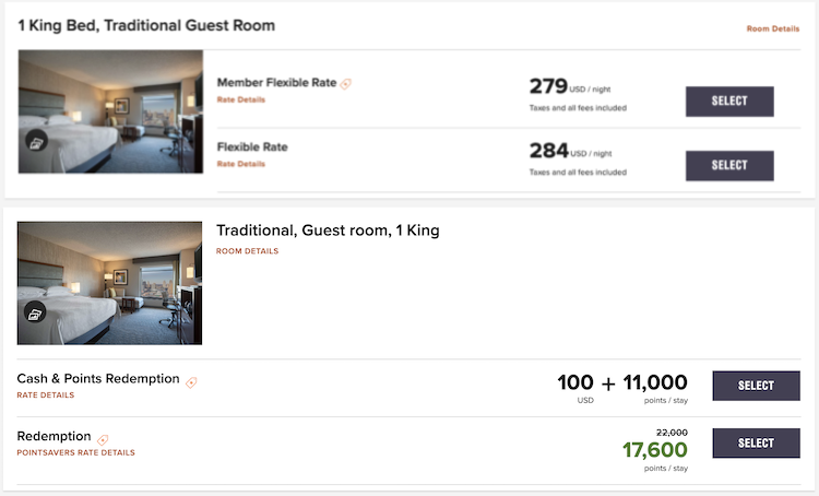 screenshot compares Kansas City hotel cash price vs Marriott points price