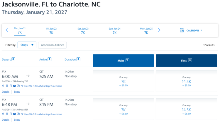 Screenshot showing AAdvantage award prices between Jacksonville and Charlotte for 7,000 miles
