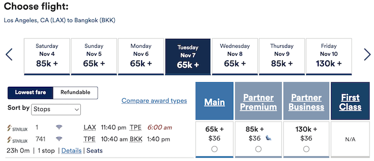 LAX-TPE-KUL award pricing with Alaska miles to fly on Starlux