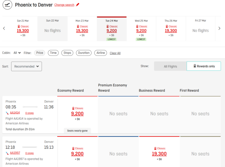Qantas award example on American Airlines from Phoenix to Denver for 9,200 points
