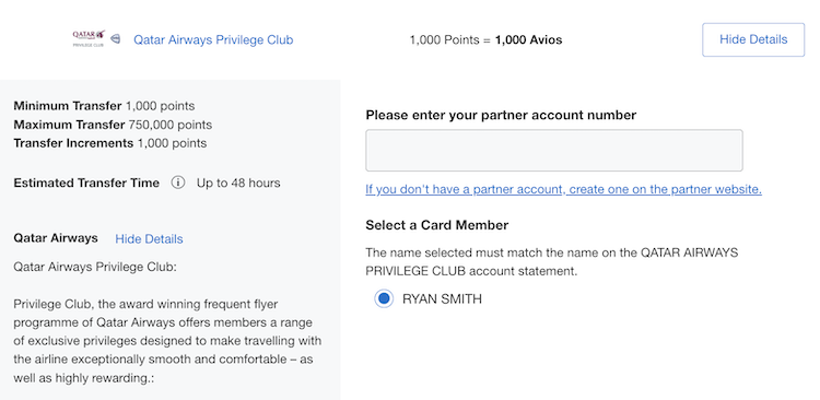 Qatar Privilege Club listed as Amex transfer partner, details page to link accounts