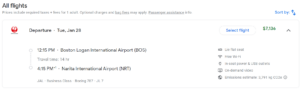 Screenshot of one-way business class cash rates from Boston to Tokyo