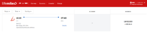 Screenshot of Brussels Airlines award from New York to Brussels for 63,000 LifeMiles in business class