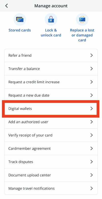 screenshot of Chase card management in the mobile app with "digital wallets" highlighted