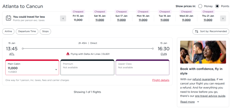 Screenshot showing example of booking a Delta flight from Atlanta to Cancun for 11,000 Virgin points