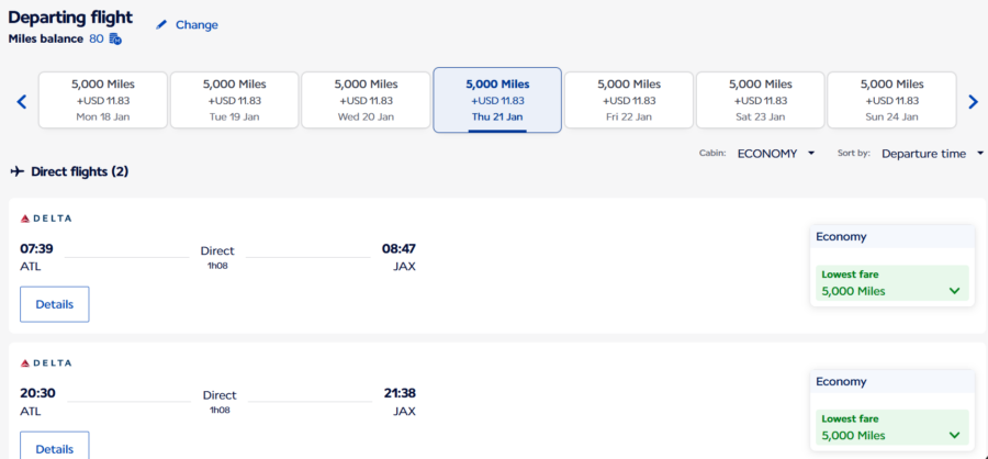 Flying Blue award example on Delta from Atlanta to Jacksonville for 5,000 Flying Blue miles