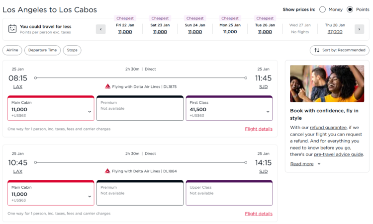 Screenshot showing example of booking a Delta flight from Los Angeles to Cabo for 11,000 Virgin points