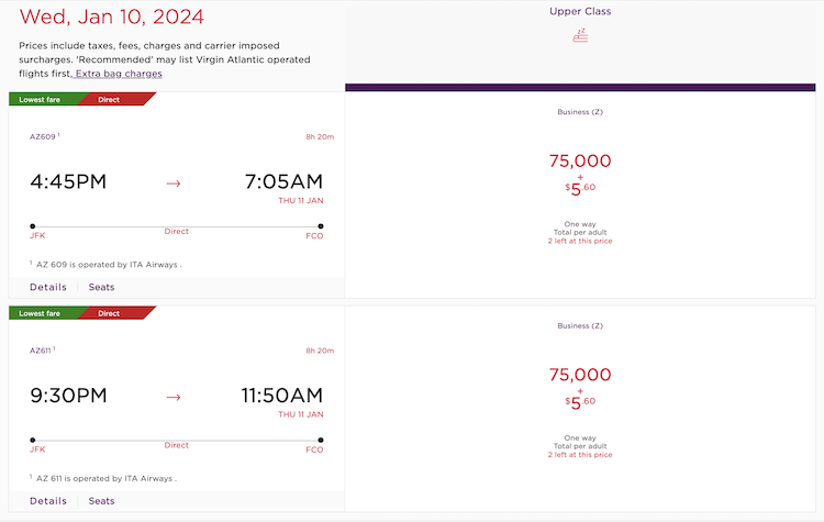 one-way business class pricing from New York to Rome