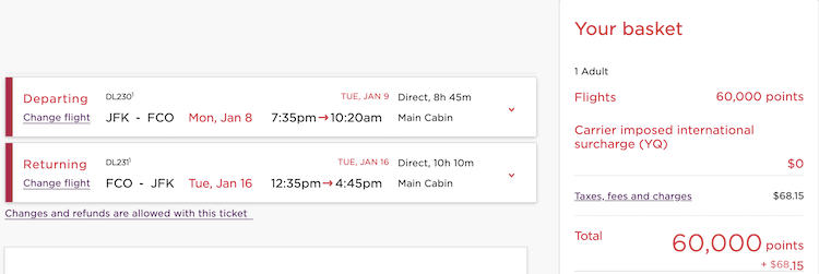 screenshot of round-trip ITA flights in economy JFK-FCO using Virgin Atlantic points