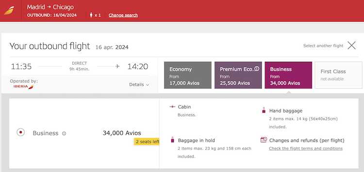 Iberia Avios redemption Madrid to Chicago in business class