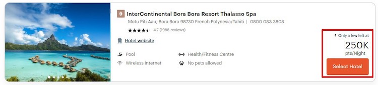 IHG website showing 250,000 points per award night for the InterContinental Bora Bora Resort Thalasso Spa