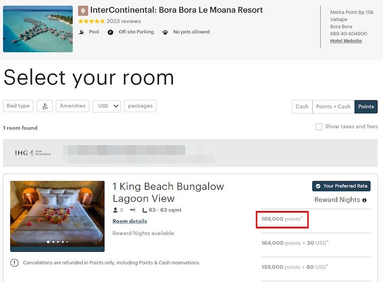 screenshot of room selection and points pricing at 169,000 IHG points per night for the InterContinental Bora Bora Le Moana