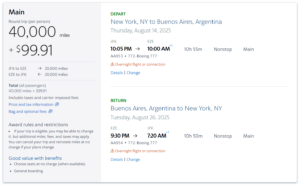 Screenshot of AAdvantage award search results from New York to Buenos Aires for 40,000 AAdvantage miles