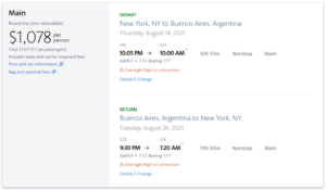 Screenshot of American Airlines cash booking search results from New York to Buenos Aires for $1,078 round-trip