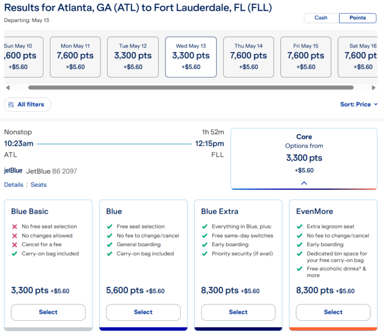 Screenshot showing JetBlue award prices between Atlanta and Fort Lauderdale for 3,300 points