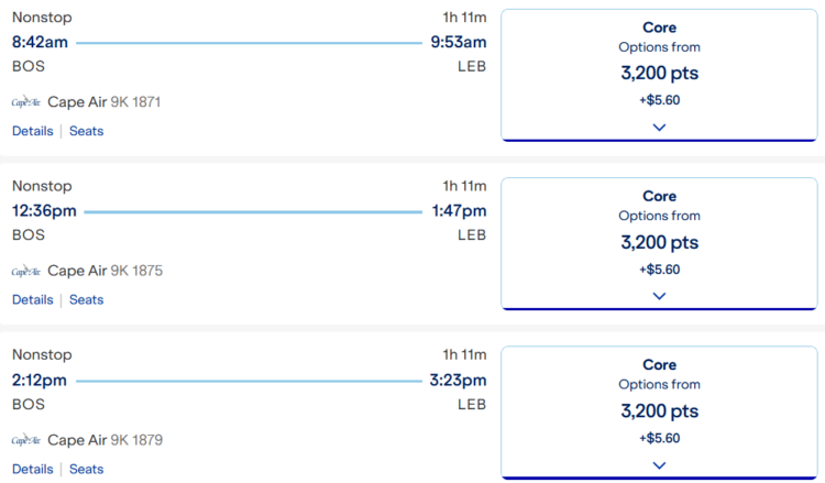 Screenshot showing JetBlue award prices between Boston and Lebanon for 3,200 points