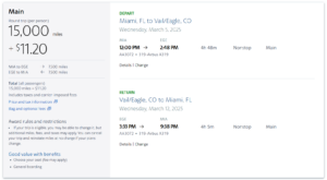 Screenshot of AAdvantage mileage award from Miami to Vail