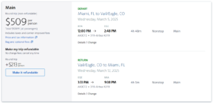 Screenshot of American Airlines cash rates from Miami to Vail