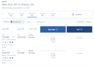 Screenshot showing American Airlines AAdvantage award search showing JetBlue results for December 6, 2023 from New York to Atlanta