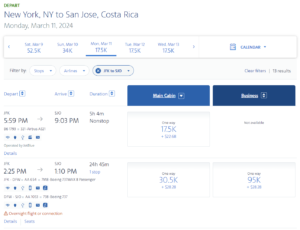 Screenshot showing AAdvantage award search results showing JetBlue and American Airlines flights from New York to San Jose, Costa Rica