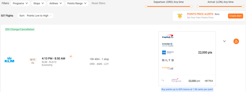 Example search results from PointsYeah