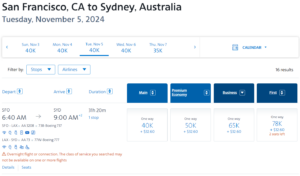 Screenshot of AAdvantage award search results from San Francisco to Sydney for 40,000 AAdvantage miles one-way
