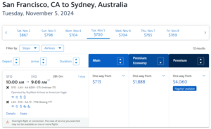 Screenshot of American Airlines cash search results from San Francisco to Sydney