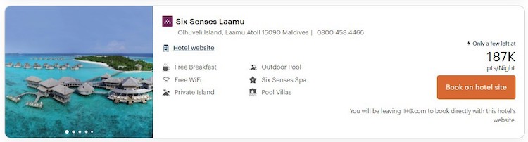IHG website showing 187,000 points per award night for the Six Senses Laamu