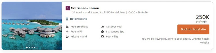 IHG website showing 250,000 points per award night for the Six Senses Laamu property