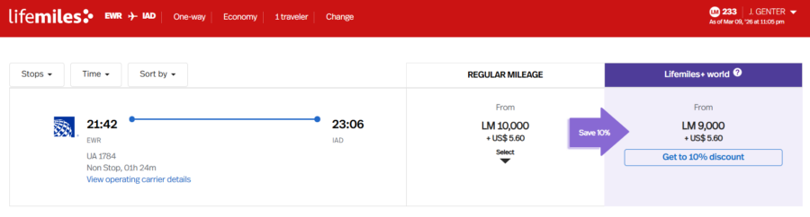 Screenshot showing example of booking a United flight from Newark to Washington Dulles for 10,000 LifeMiles
